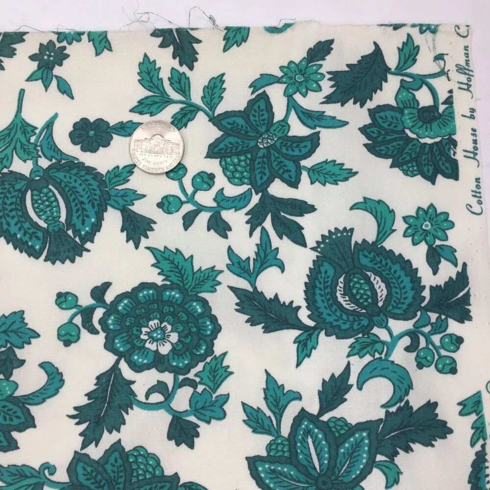 1 Yd Hoffman California Fabrics Quilting Cotton Teal Green Leaves Floral White